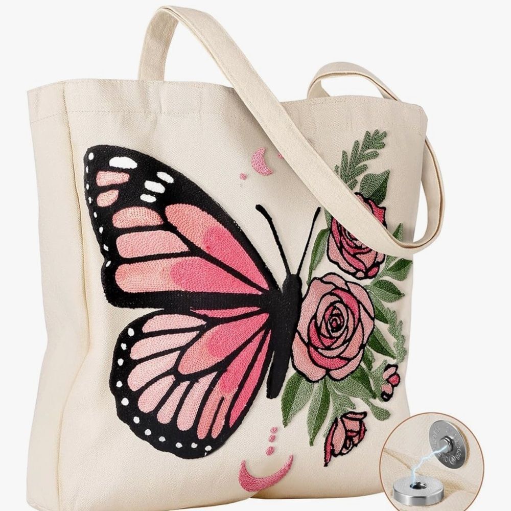 NEW Butterfly and Floral Embroidered Canvas Tote Bag